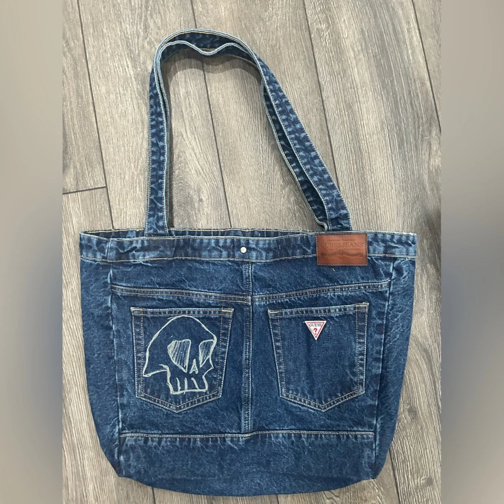 New Guess Denim Tote Mens Leather bag logo jeans carry all shoulder Malibu sack - Picture 2 of 6